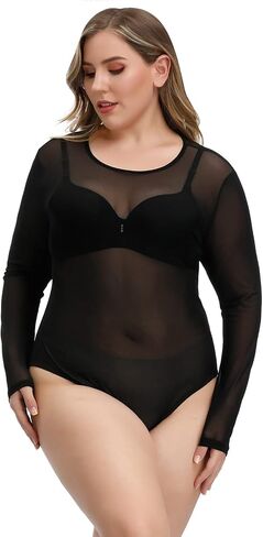 Hanna Nikole Women's Plus Size See Through Bodysuit Sheer Long Sleeve Jumpsuit in Saudi Arabia