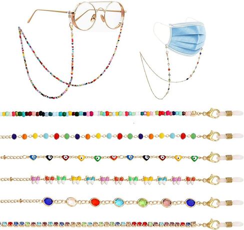 ان ال سي ايه سي سلسلة نظارات مطرزة عصرية على شكل فراشة وعين الحسد مع حبل قصير لحمل النظارات الشمسية وقلادة النظارات للنساء والفتيات 6 قطع in Kuwait