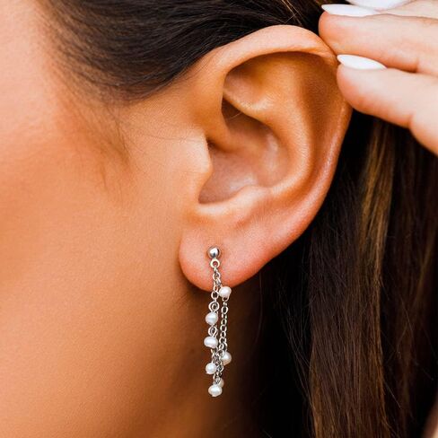 Pura Vida Silver-Plated Pearl Chain Wrap Earrings - Brass Base, Sterling Silver Posts - 1 Pair in Saudi Arabia