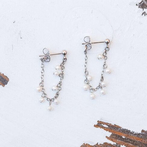 Pura Vida Silver-Plated Pearl Chain Wrap Earrings - Brass Base, Sterling Silver Posts - 1 Pair in Saudi Arabia