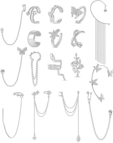 Tornito 17Pcs Ear Cuffs Chain Earrings Snake Butterfly Leaf Non Piercing Clip on Earring Fake Helix Cartilage Earrings Ear Clip Jewelry Silver Gold Tone in Saudi Arabia