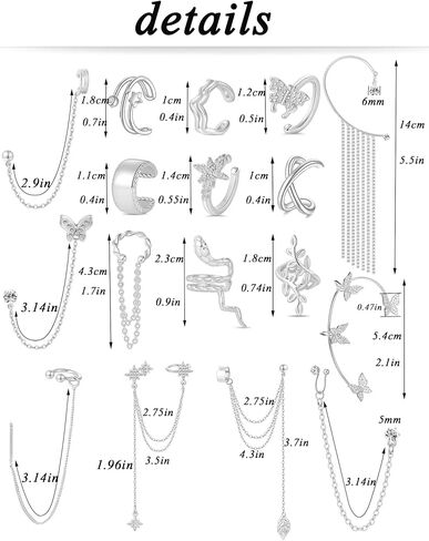 Tornito 17Pcs Ear Cuffs Chain Earrings Snake Butterfly Leaf Non Piercing Clip on Earring Fake Helix Cartilage Earrings Ear Clip Jewelry Silver Gold Tone in Saudi Arabia
