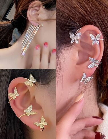 Tornito 17Pcs Ear Cuffs Chain Earrings Snake Butterfly Leaf Non Piercing Clip on Earring Fake Helix Cartilage Earrings Ear Clip Jewelry Silver Gold Tone in Saudi Arabia