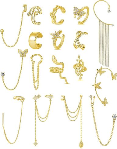 Tornito 17Pcs Ear Cuffs Chain Earrings Snake Butterfly Leaf Non Piercing Clip on Earring Fake Helix Cartilage Earrings Ear Clip Jewelry Silver Gold Tone in Saudi Arabia
