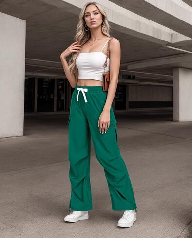 سراويل البضائع النسائية من DILIUXING عالية الخصر للسفر Y2K ملابس الشارع سراويل فضفاضة قابلة للتمدد مقاومة للماء مع 4 جيوب in Kuwait