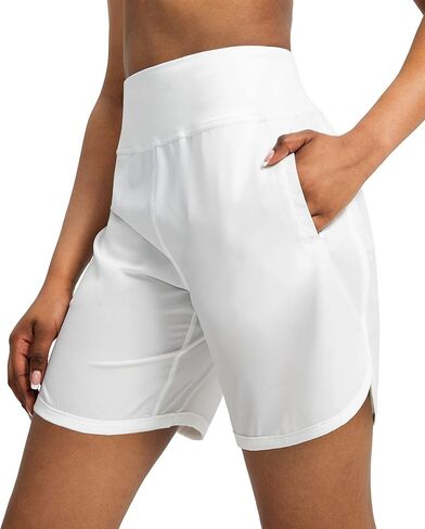 Soothfeel Women's Running Shorts with Zipper Pockets 7 Inch Long High Waisted Athletic Workout Gym Summer Shorts for Women (White, XX-Large in Saudi Arabia
