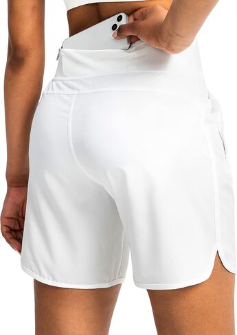 Soothfeel Women's Running Shorts with Zipper Pockets 7 Inch Long High Waisted Athletic Workout Gym Summer Shorts for Women (White, XX-Large in Saudi Arabia