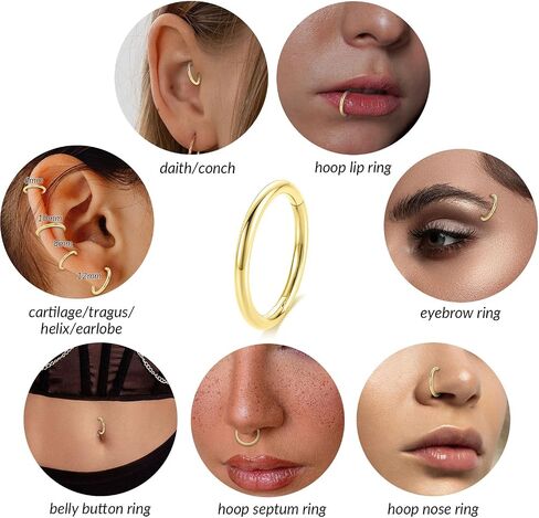 FUNLMO 14K خاتم الأنف من الذهب الصلب 18G 16G خاتم الحاجز الذهب الأصفر محارة Daith Tragus Helix Rook ثقب المجوهرات الغضروف القرط الشفاه الدائري للنساء الرجال in Kuwait