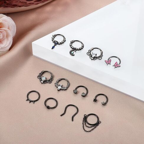 12 قطعة من حلقات الحاجز 16 جرام من Florideco للنساء والرجال، حلقة الأنف، حلقة حدوة الحصان، طوق هيليكس دايث الغضروف، أقراط تشيكوسلوفاكيا المتدلية لحاجز الأنف، ثقب المجوهرات in Kuwait