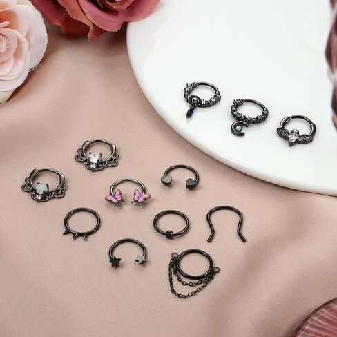 12 قطعة من حلقات الحاجز 16 جرام من Florideco للنساء والرجال، حلقة الأنف، حلقة حدوة الحصان، طوق هيليكس دايث الغضروف، أقراط تشيكوسلوفاكيا المتدلية لحاجز الأنف، ثقب المجوهرات in Kuwait
