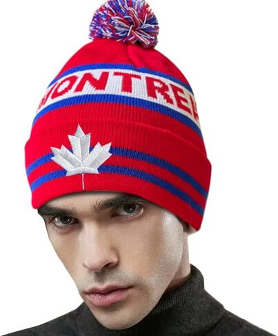 Dutern Canada Maple Leaf Montreal City Hockey Embroidery Classic Pom Cuff Montreal Beanie Hat Cuffed Winter Hat Knit Toque Skull Cap Red in Kuwait