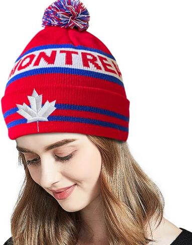 Dutern Canada Maple Leaf Montreal City Hockey Embroidery Classic Pom Cuff Montreal Beanie Hat Cuffed Winter Hat Knit Toque Skull Cap Red in Kuwait