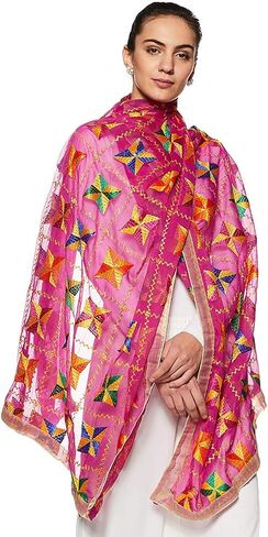 وشاح للسيدات من Weavers Villa صناعة يدوية هندية عرقية Dupatta Phulkari مطرزة Dupatta Chunni/سرقة/وشاح in Kuwait