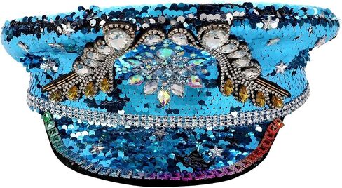 Multicolor Buning Man Sequin Burning Military Captain Sergeant Hat Rhinestone Festival Party Hat (Color : Blue, Size : Large) in Saudi Arabia