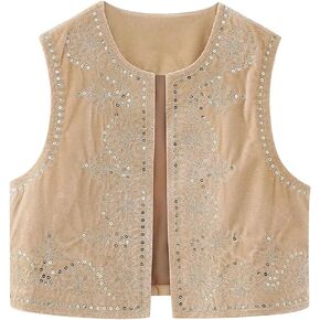 Women Fashion Boho Print Embroidered Vest Vintage V-Neck Linen Cardigan Sleeveless Outwear Casual Streetwear