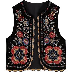 Women Fashion Boho Print Embroidered Vest Vintage V-Neck Linen Cardigan Sleeveless Outwear Casual Streetwear in Kuwait