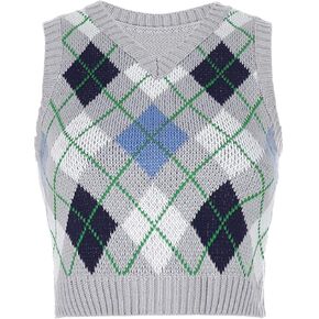 FEESHOW Women Streetwear Preppy Style Knitwear Tank Tops V Neck Argyle Plaid Knitted Sweater Vest