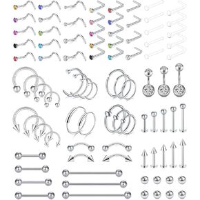 VCMART مزيج نمط هيئة ثقب المجوهرات مجموعة الفولاذ المقاوم للصدأ الأنف حدوة الحصان الشفاه اللسان الحاجب الحاجز الدائري الغضروف الزنمة أقراط السرة حلقات زر البطن هيئة ثقب المجوهرات حزمة 14G 16G 18G 20G in Kuwait