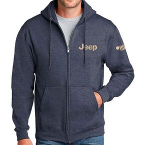 Jeep Freedom To Roam Full-Zip Hoodie Hooded Midweight Sweatshirt - Heather Navy Blue in Saudi Arabia