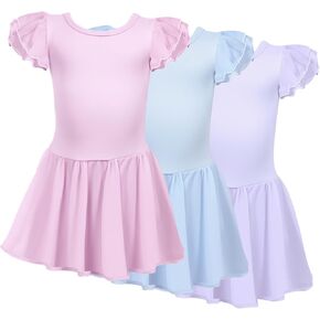 Suhine 3 Pieces Dance Ballet Leotards for Girls Criss Cross Back Ruffle Sleeve Tutu Skirted Dance Dresses Ballerina Outfit