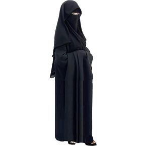 حجاب برقع سعودي طويل من الدرجة الاولى بجودة عالية من Saudi شيفون - غطاء للوجه - جلباب اسلامي (اسود × ساتان اسود)، اسود × اسود ساتان، مقاس واحد in Kuwait