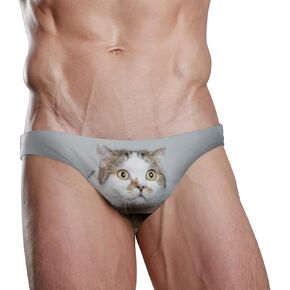 Dallonan Men Swim Brief Bikini White Cat Funny