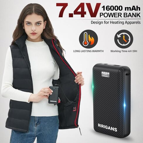 حزمة بطارية سترة ساخنة من Ririgans للنساء/الرجال، بنك طاقة 7.4 فولت 16000 مللي أمبير في الساعة، منفذ تيار مستمر 3.5 مم للسترة الساخنة، شاحن USB من النوع C لهواتف iPhone Android وما إلى ذلك in Kuwait