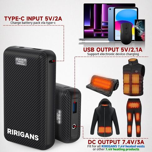 حزمة بطارية سترة ساخنة من Ririgans للنساء/الرجال، بنك طاقة 7.4 فولت 16000 مللي أمبير في الساعة، منفذ تيار مستمر 3.5 مم للسترة الساخنة، شاحن USB من النوع C لهواتف iPhone Android وما إلى ذلك in Kuwait