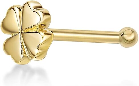 20 Gauge Straight Bone Four Leaf Clover Nose Ring for Women or Men in 14k Yellow Gold Unisex Stud Nose Ring Hypoallergenic 20G Body Piercing by Lavari Jewelers in Saudi Arabia