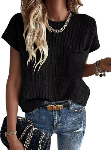 Micticsi المرأة Crewneck سترة سترة عادية كم كاب متماسكة البلوز تانك القمم 2024 in Kuwait