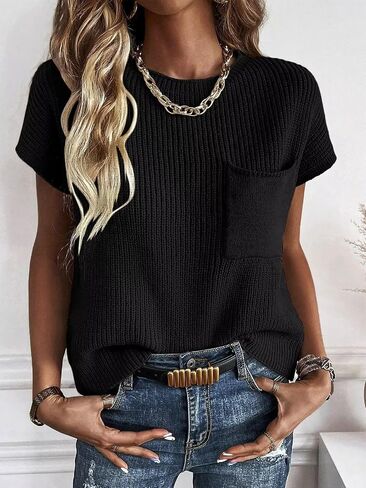 Micticsi المرأة Crewneck سترة سترة عادية كم كاب متماسكة البلوز تانك القمم 2024 in Kuwait
