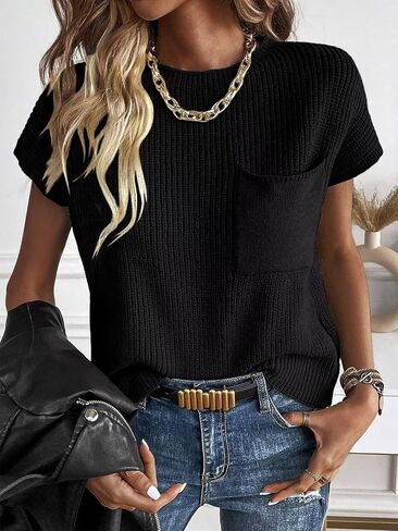 Micticsi المرأة Crewneck سترة سترة عادية كم كاب متماسكة البلوز تانك القمم 2024 in Kuwait