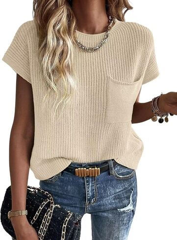 Micticsi المرأة Crewneck سترة سترة عادية كم كاب متماسكة البلوز تانك القمم 2024 in Kuwait