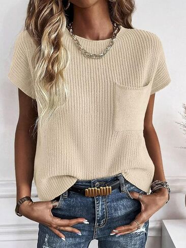 Micticsi المرأة Crewneck سترة سترة عادية كم كاب متماسكة البلوز تانك القمم 2024 in Kuwait