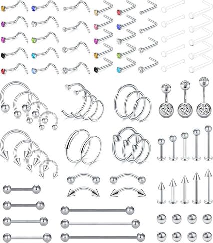 VCMART مزيج نمط هيئة ثقب المجوهرات مجموعة الفولاذ المقاوم للصدأ الأنف حدوة الحصان الشفاه اللسان الحاجب الحاجز الدائري الغضروف الزنمة أقراط السرة حلقات زر البطن هيئة ثقب المجوهرات حزمة 14G 16G 18G 20G in Kuwait