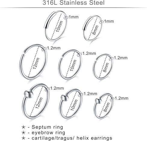 VCMART مزيج نمط هيئة ثقب المجوهرات مجموعة الفولاذ المقاوم للصدأ الأنف حدوة الحصان الشفاه اللسان الحاجب الحاجز الدائري الغضروف الزنمة أقراط السرة حلقات زر البطن هيئة ثقب المجوهرات حزمة 14G 16G 18G 20G in Kuwait