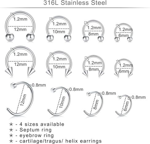 VCMART مزيج نمط هيئة ثقب المجوهرات مجموعة الفولاذ المقاوم للصدأ الأنف حدوة الحصان الشفاه اللسان الحاجب الحاجز الدائري الغضروف الزنمة أقراط السرة حلقات زر البطن هيئة ثقب المجوهرات حزمة 14G 16G 18G 20G in Kuwait