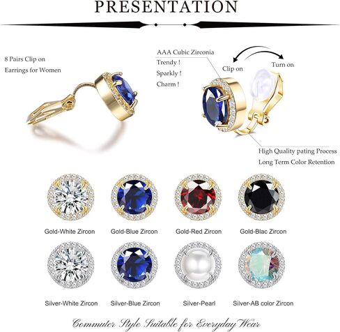 LOYALLOOK 8Pairs Round Clip Earrings for Women Faux Pearl Cubic Zirconia Non Piercing Clip On Earrings Fashion Mixed Color Non Pierced Earrings Set in Kuwait