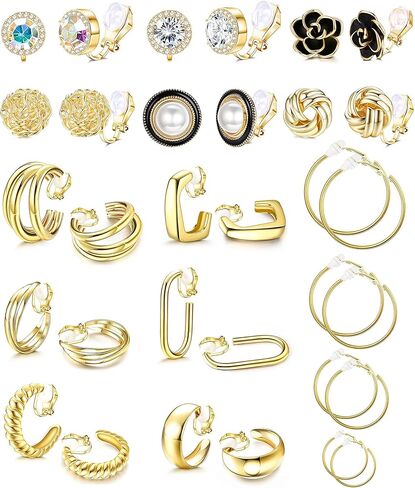 SAILIMUE 16 زوجًا من الأقراط المشبكية للنساء 14K مطلية بالذهب بمشبك مكتنز على الأقراط بدون ثقب مجموعة من الأقراط المزيفة in Kuwait