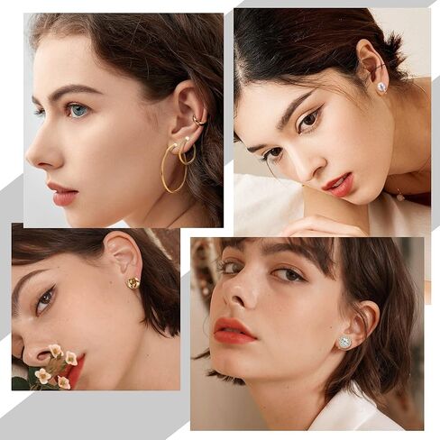 SAILIMUE 16 زوجًا من الأقراط المشبكية للنساء 14K مطلية بالذهب بمشبك مكتنز على الأقراط بدون ثقب مجموعة من الأقراط المزيفة in Kuwait