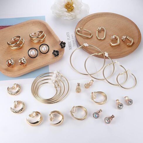 SAILIMUE 16 زوجًا من الأقراط المشبكية للنساء 14K مطلية بالذهب بمشبك مكتنز على الأقراط بدون ثقب مجموعة من الأقراط المزيفة in Kuwait