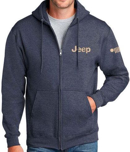 Jeep Freedom To Roam Full-Zip Hoodie Hooded Midweight Sweatshirt - Heather Navy Blue in Saudi Arabia