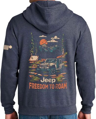 Jeep Freedom To Roam Full-Zip Hoodie Hooded Midweight Sweatshirt - Heather Navy Blue in Saudi Arabia