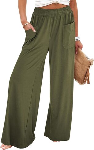 GRAPENT Wide Leg Pants for Women High Wasited Baggy Palazzo Pants Casual Pull On Bell Bottom Smocked Elastic Waist Pants in Saudi Arabia
