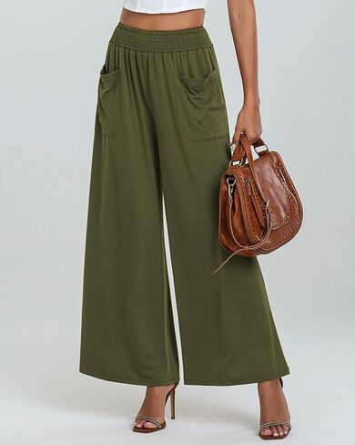 GRAPENT Wide Leg Pants for Women High Wasited Baggy Palazzo Pants Casual Pull On Bell Bottom Smocked Elastic Waist Pants in Saudi Arabia