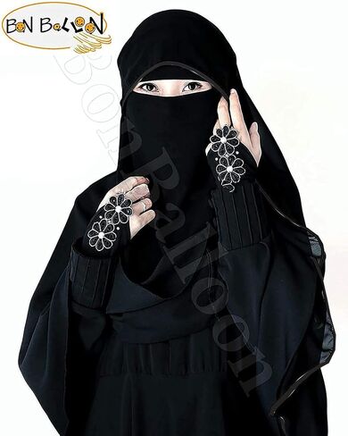 حجاب برقع سعودي طويل من الدرجة الاولى بجودة عالية من Saudi شيفون - غطاء للوجه - جلباب اسلامي (اسود × ساتان اسود)، اسود × اسود ساتان، مقاس واحد in Kuwait