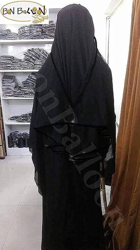 حجاب برقع سعودي طويل من الدرجة الاولى بجودة عالية من Saudi شيفون - غطاء للوجه - جلباب اسلامي (اسود × ساتان اسود)، اسود × اسود ساتان، مقاس واحد in Kuwait