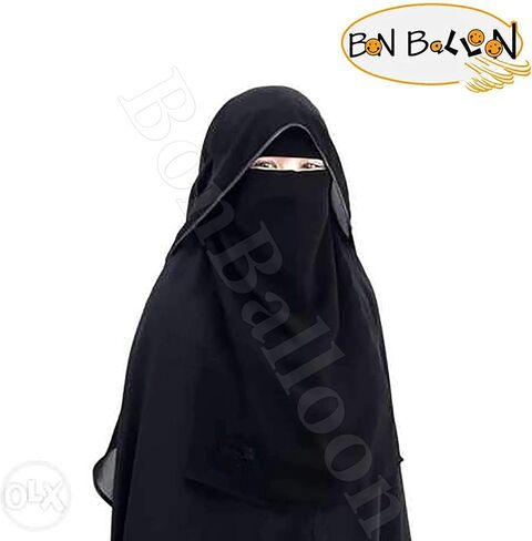 حجاب برقع سعودي طويل من الدرجة الاولى بجودة عالية من Saudi شيفون - غطاء للوجه - جلباب اسلامي (اسود × ساتان اسود)، اسود × اسود ساتان، مقاس واحد in Kuwait