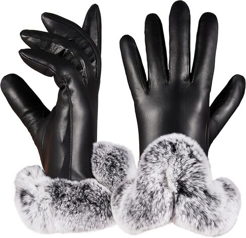 VIKIDEER Elegant Super Warm Fur Lined Gloves Women Leather Gloves Rabbit Fur Lining and Cuffs Touchscreen Driving in Kuwait