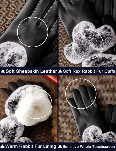 VIKIDEER Elegant Super Warm Fur Lined Gloves Women Leather Gloves Rabbit Fur Lining and Cuffs Touchscreen Driving in Kuwait
